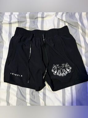 YoungLA Black Athletic Shorts with Dual Wolf Tren Twins Graphic